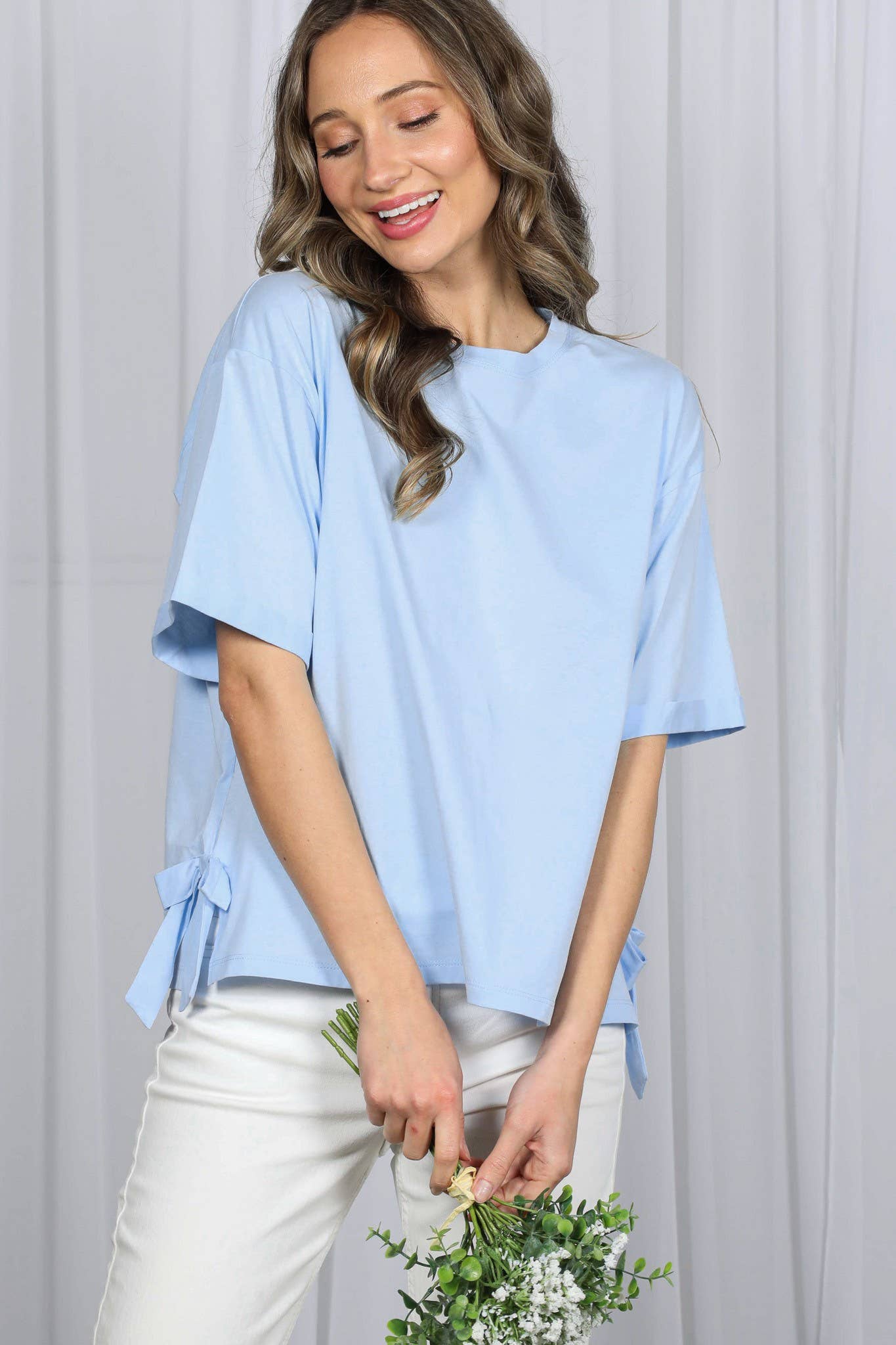 Vine & Love - Bow With Side Slit 100% Cotton Knit Top VT82807-