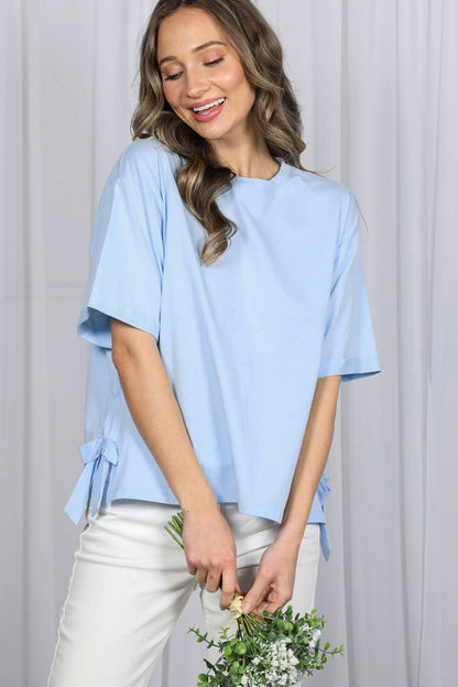 Vine & Love - Bow With Side Slit 100% Cotton Knit Top VT82807-