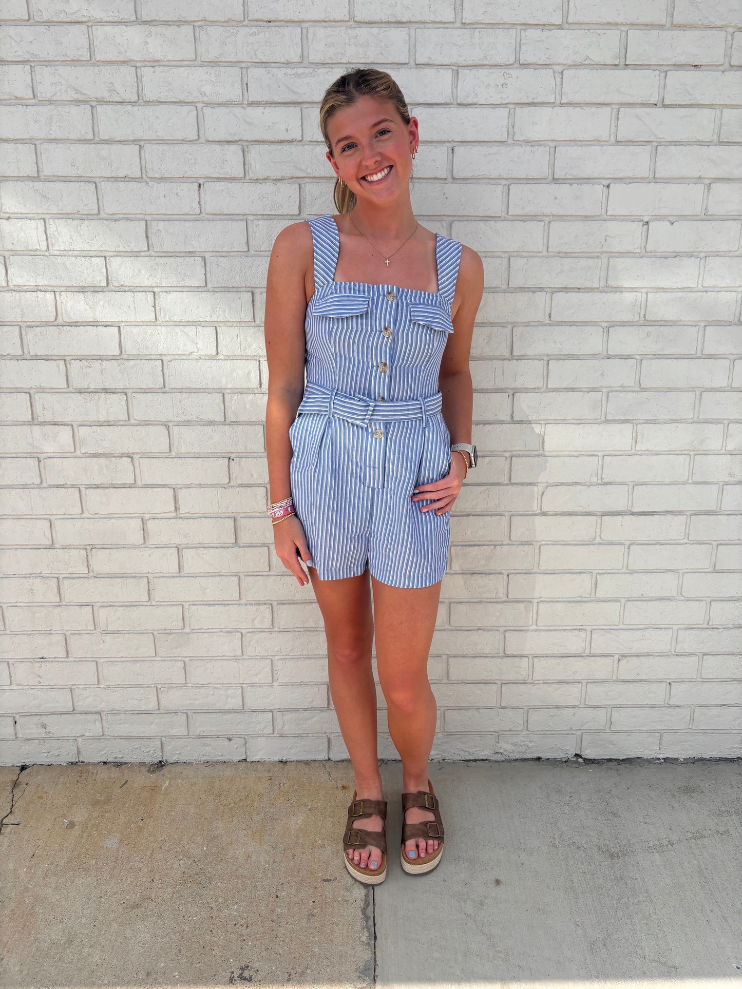 BELTED WAIST BUTTON CLOSURE SLEEVELESS ROMPER