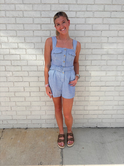 BELTED WAIST BUTTON CLOSURE SLEEVELESS ROMPER