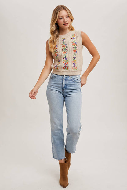 EMBROIDERED SLEEVELESS KNIT TANK TOP