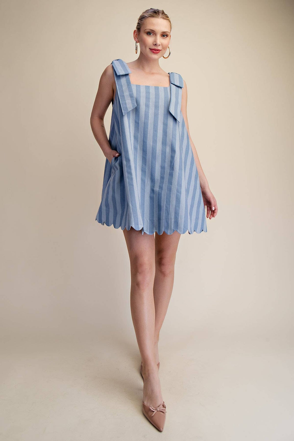 Glam - Scoop Neck Bow Shoulder Scallop Mini Dress