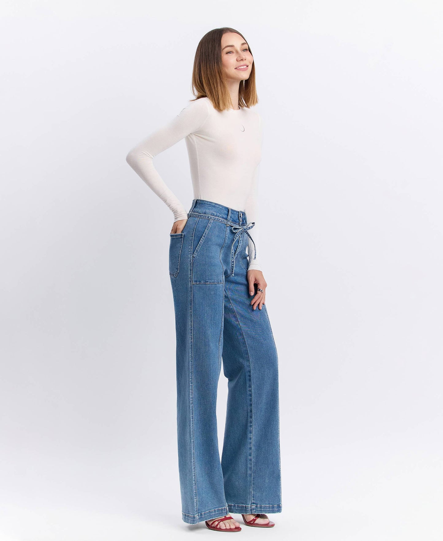 VERVET by FLYING MONKEY - SUPER HIGH RISE TIE WAISTBAND WIDE LEG JEANS T6765