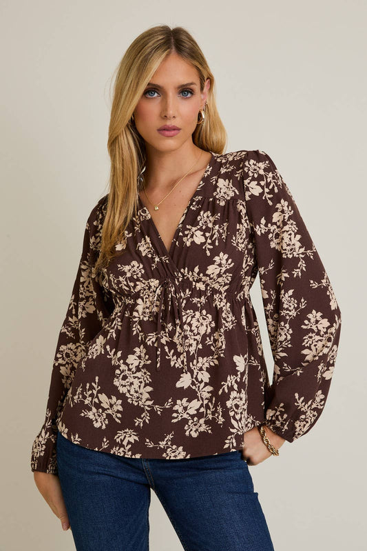 GILLI - V-NECK FRONT TIE LONG SLEEVE FLARE HEM FLORAL TOP
