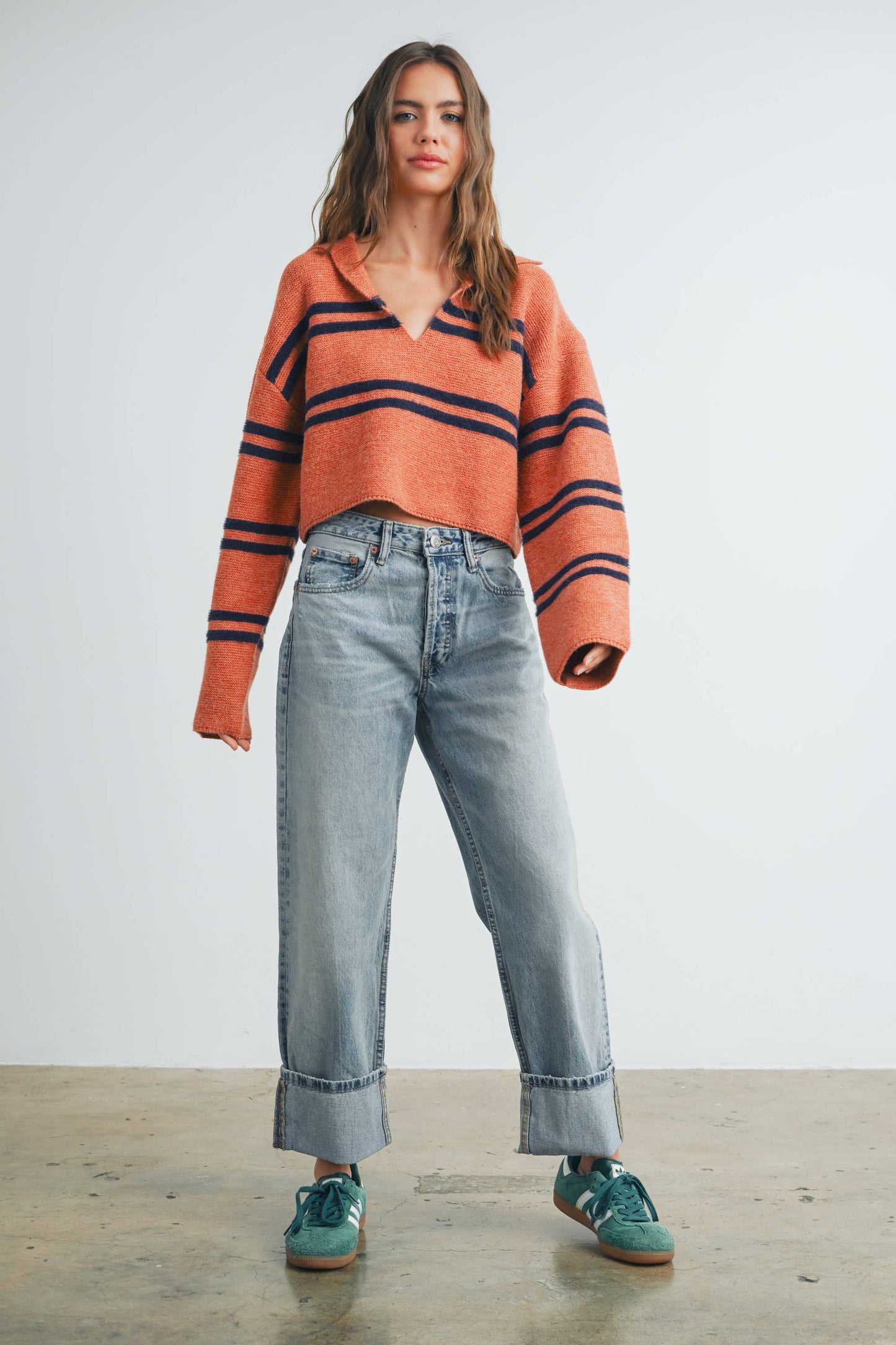 BUTTERMELON - Stripe Crop Collar Sweater Top - BMW7393