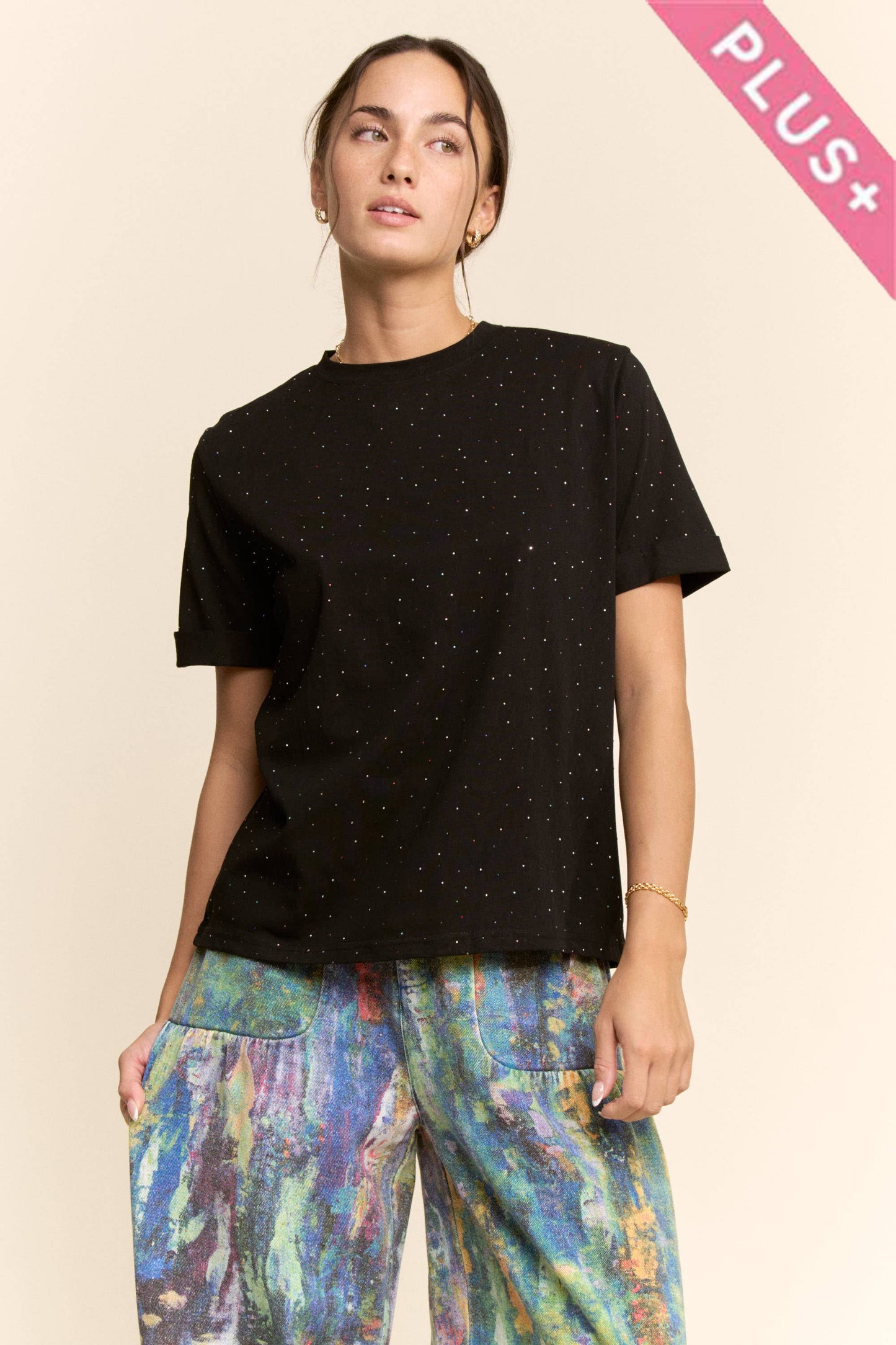 Davi & Dani - PLUS RHINESTONE EMBELLISHED RELAXED CREW NECK TEE