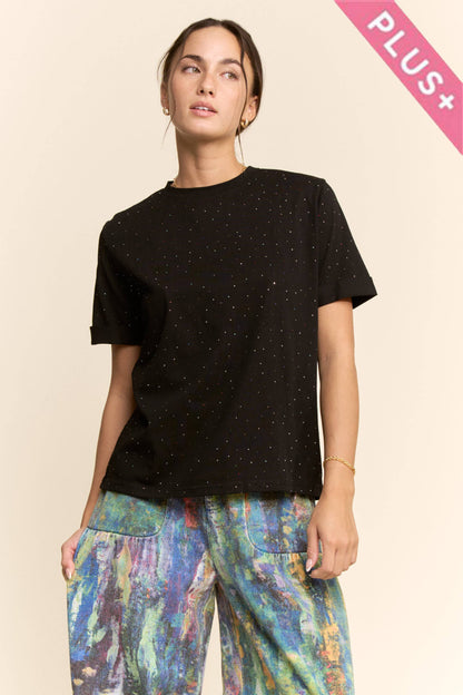 Davi & Dani - PLUS RHINESTONE EMBELLISHED RELAXED CREW NECK TEE