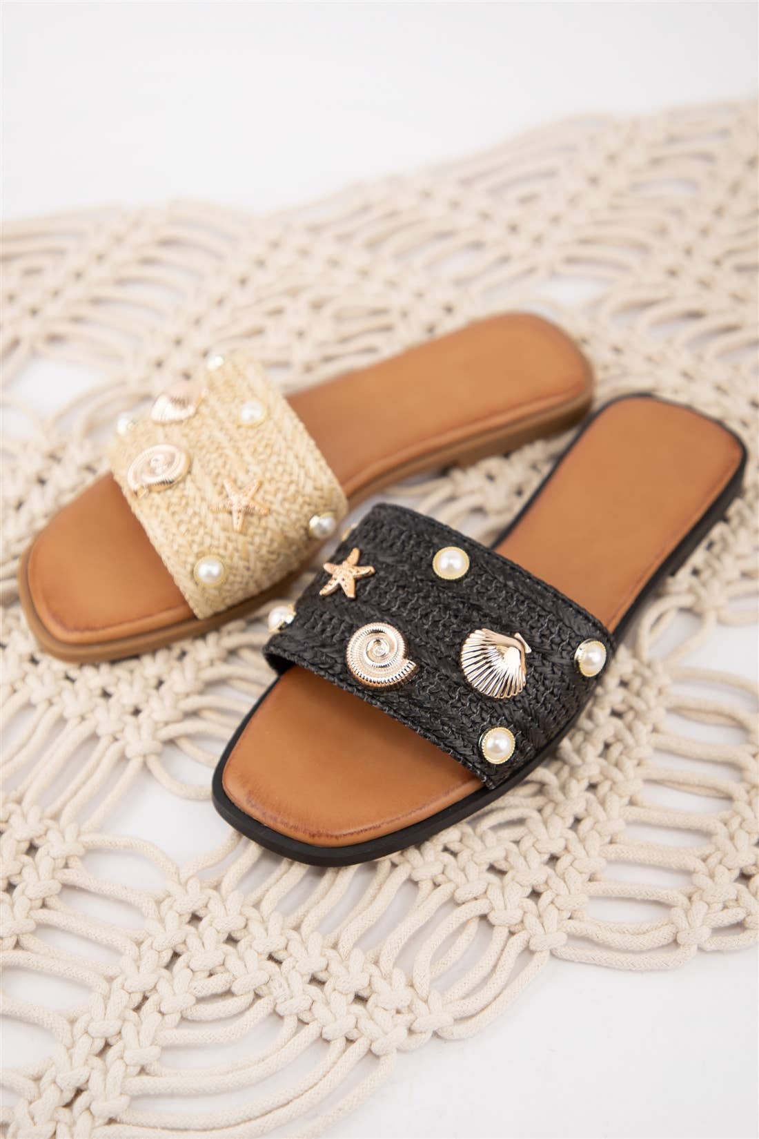 CCOCCI - SONIO-01 Coastal Charm Raffia Slide Sandals with Gold Embell