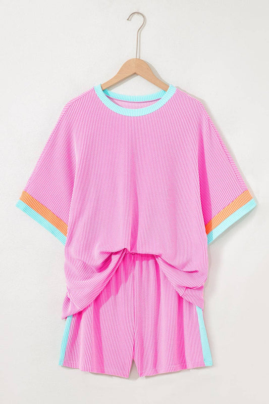 Plus Size Colorblock Corded Knit Tee and Shorts Set