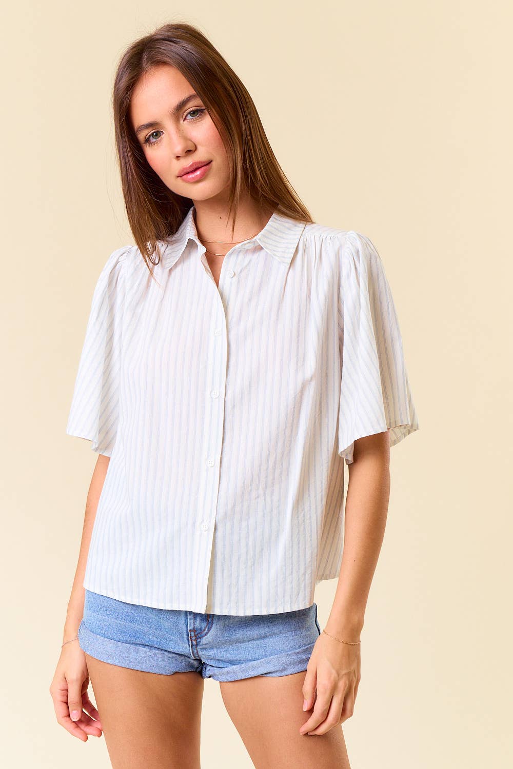Stripe Short Sleeve Flowy Button-Down Shirt