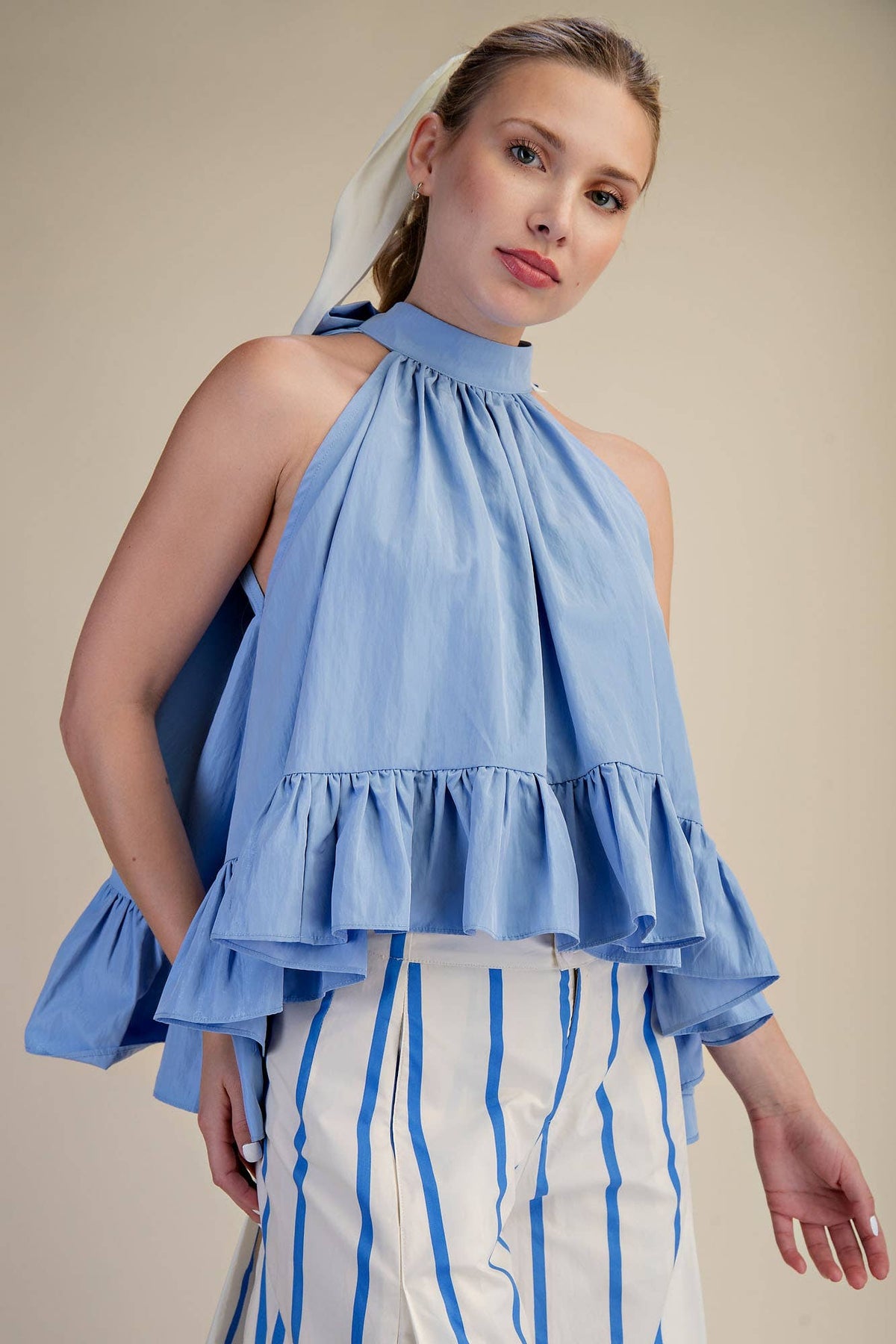 Glam - Halter Neck Sleeveless Back Neck Tie Ruffle Top