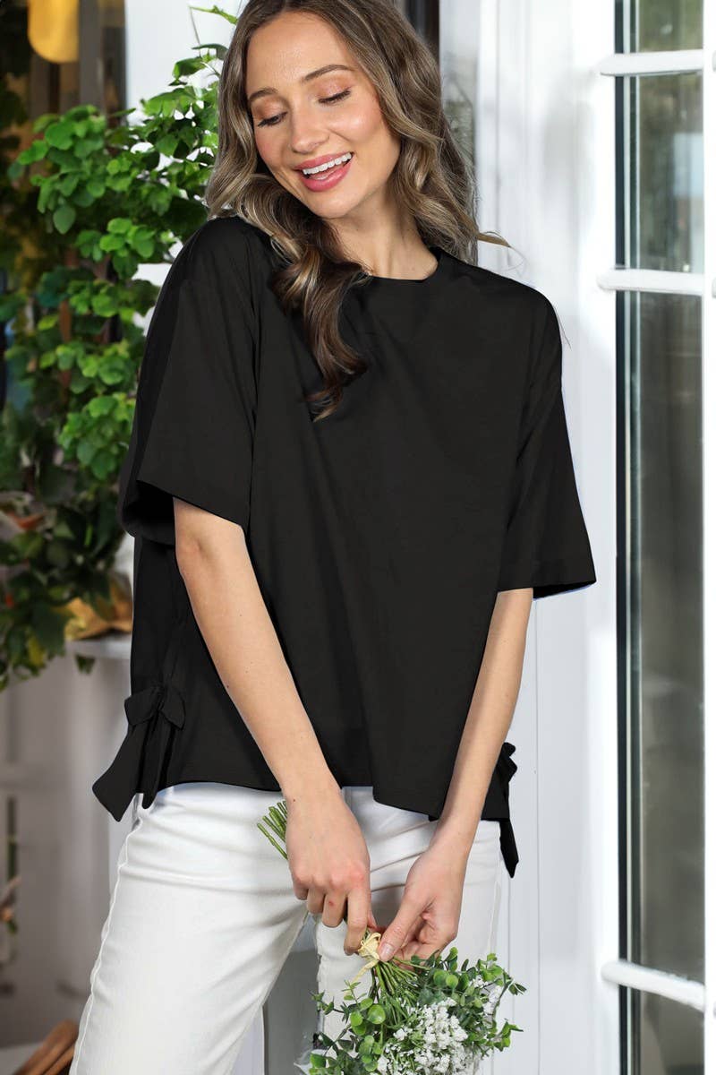 Vine & Love - Bow With Side Slit 100% Cotton Knit Top VT82807-