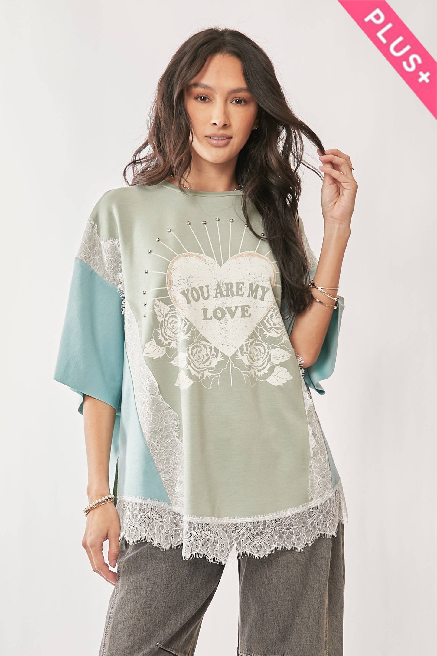 PLUS YOU ARE MY LOVE PRINT LACE SHORT SLEEVE TOP