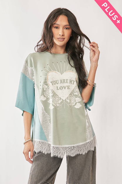 PLUS YOU ARE MY LOVE PRINT LACE SHORT SLEEVE TOP