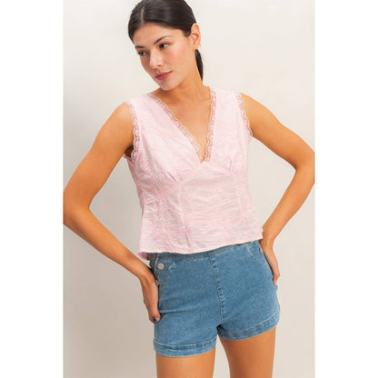 HYFVE - V-Neck Floral Lace Trim Top
