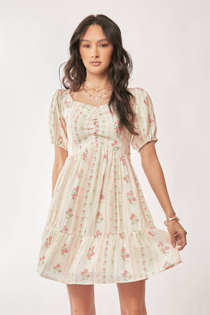 FLORAL SHORT BALLOON SLEEVE POCKET MINI DRESS