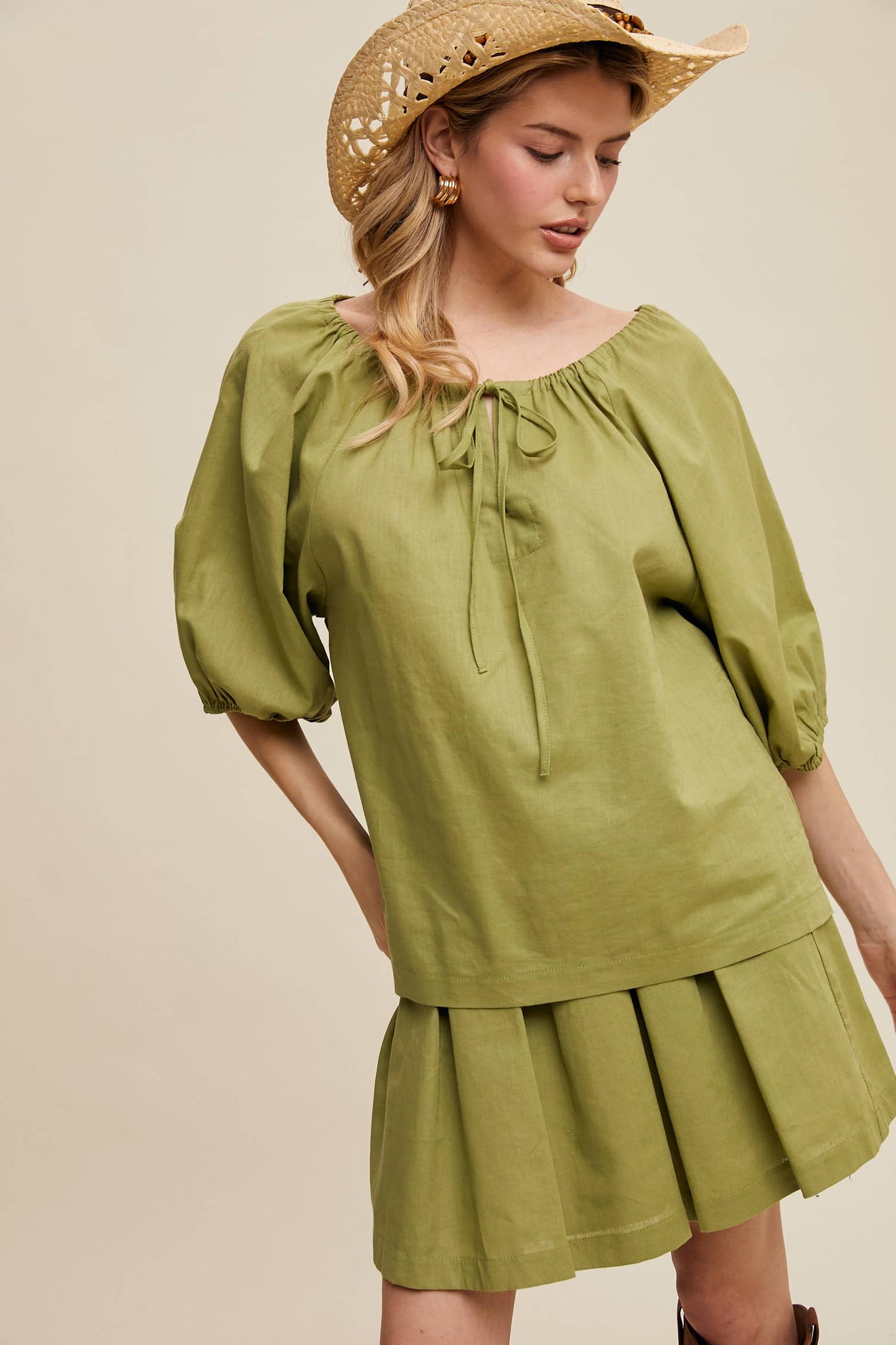 Listicle - Linen Puff Sleeve Blouse & Pleated Skirt Set