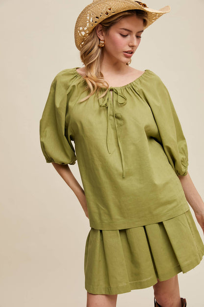 Listicle - Linen Puff Sleeve Blouse & Pleated Skirt Set
