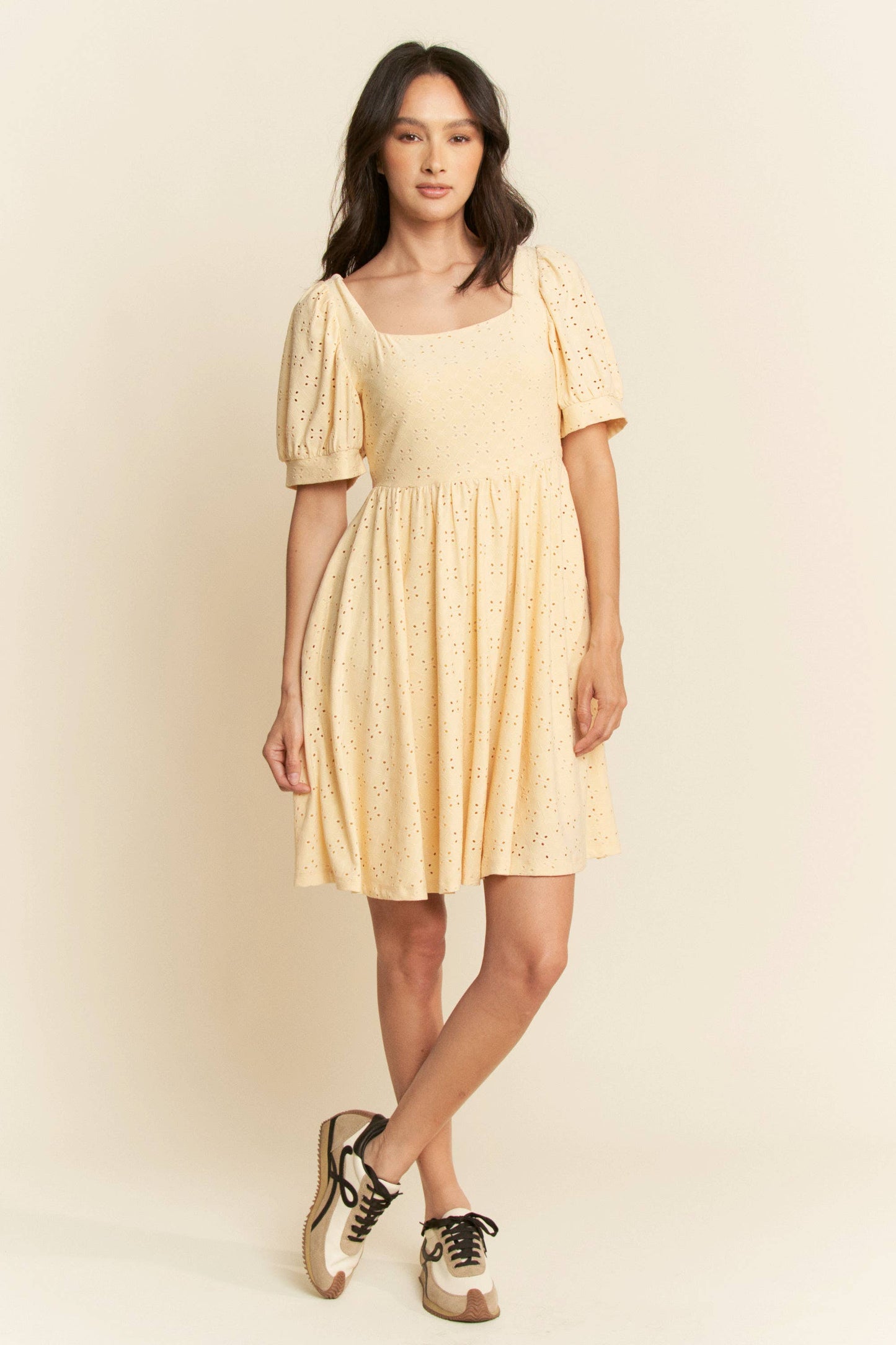 Butter yellow baby doll square neckline dress