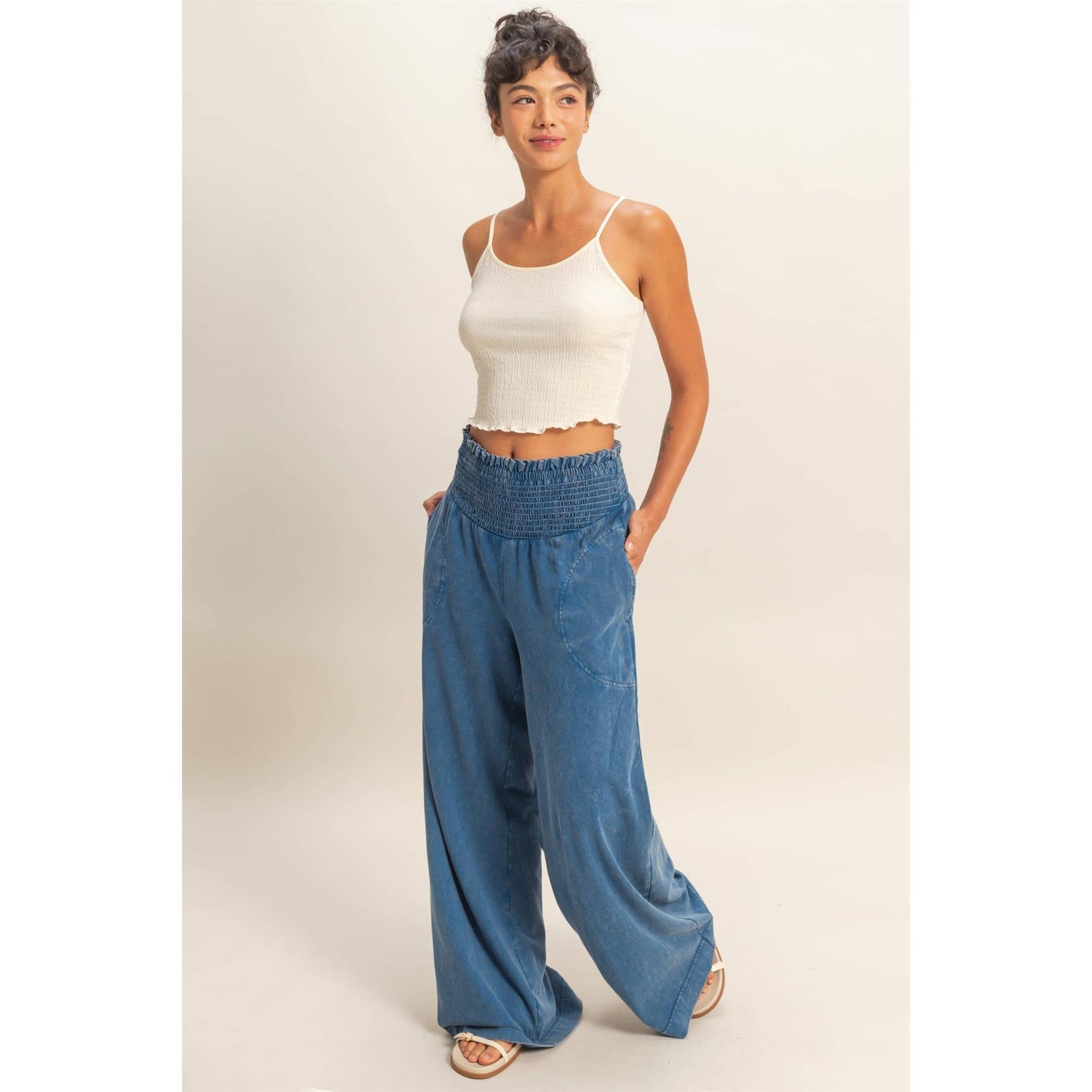 HYFVE - Mineral Washed Wide-Leg Smocked Waist Pants