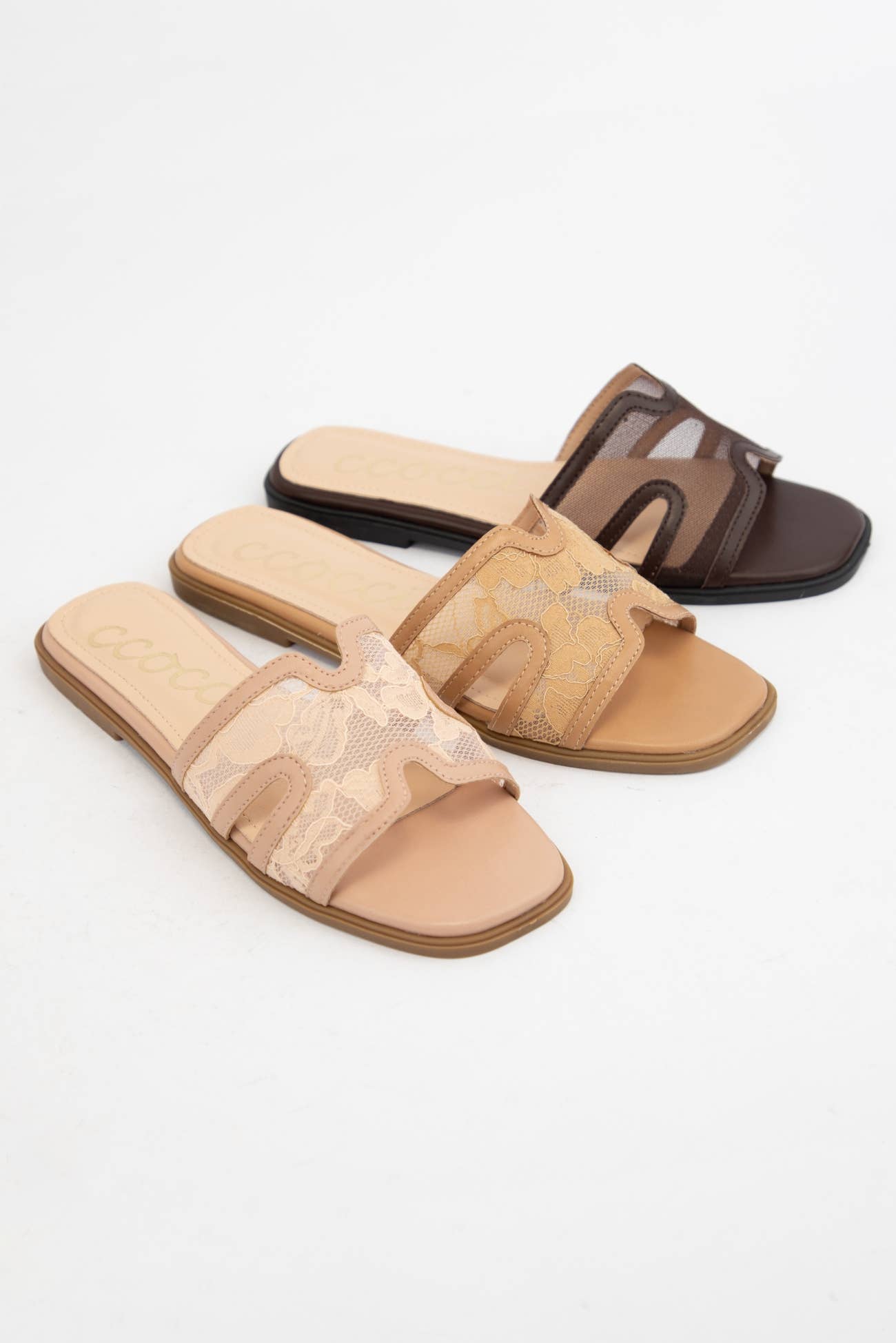 CCOCCI - BRITNEY Lace Mesh Sandals  H-Cutout Square Toe Slides