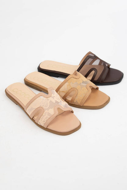 CCOCCI - BRITNEY Lace Mesh Sandals  H-Cutout Square Toe Slides