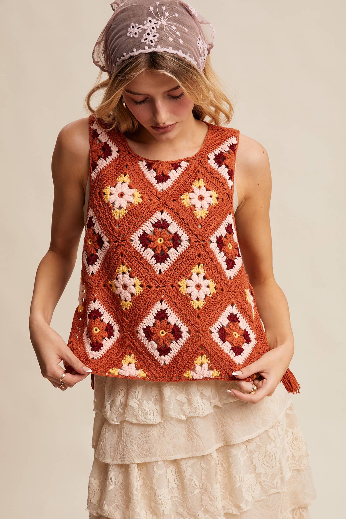 Crochet Granny Square Tassel Tie Vest