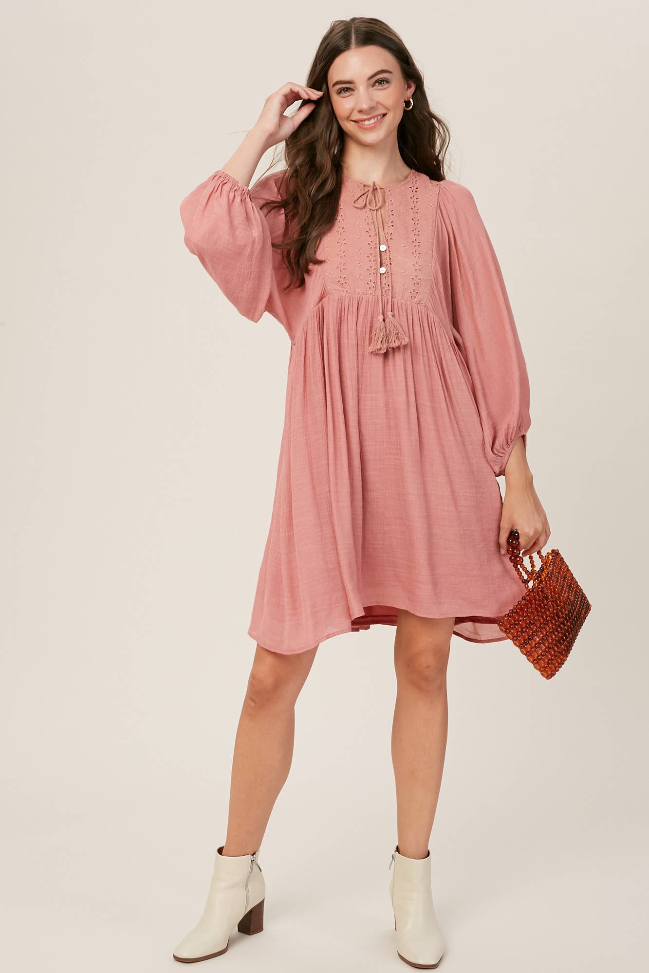 Listicle - Embroidered Tassel Tie Babydoll Dress