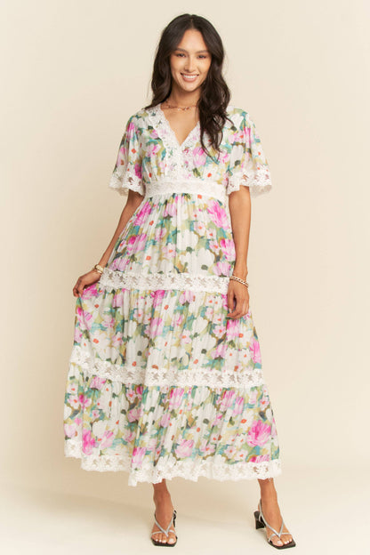 WATER PAINTING FLORAL ZIPPERED MAXI DRESS