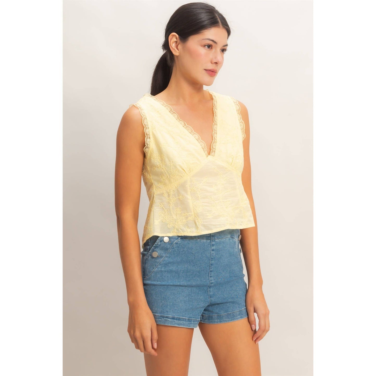 HYFVE - V-Neck Floral Lace Trim Top