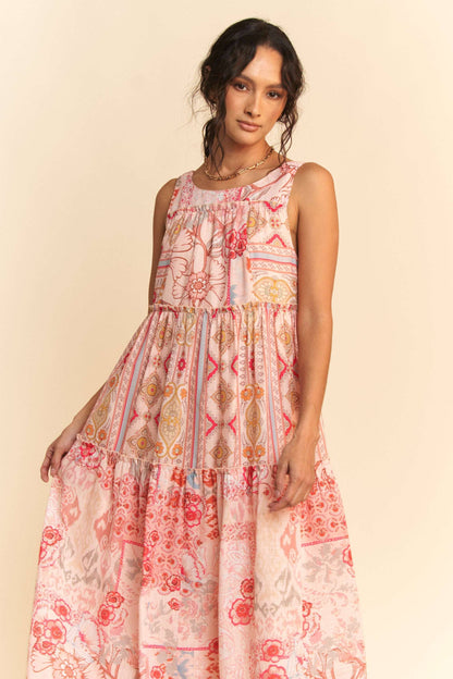 GEO FLORAL MIX SLEEVELESS TIRERED MAXI DRESS