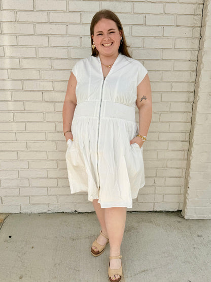 The Shimmer Shack PLUS Smock Waist Zip Front Mini Dress