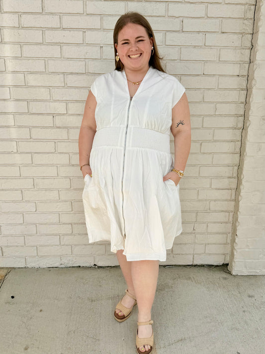 The Shimmer Shack PLUS Smock Waist Zip Front Mini Dress