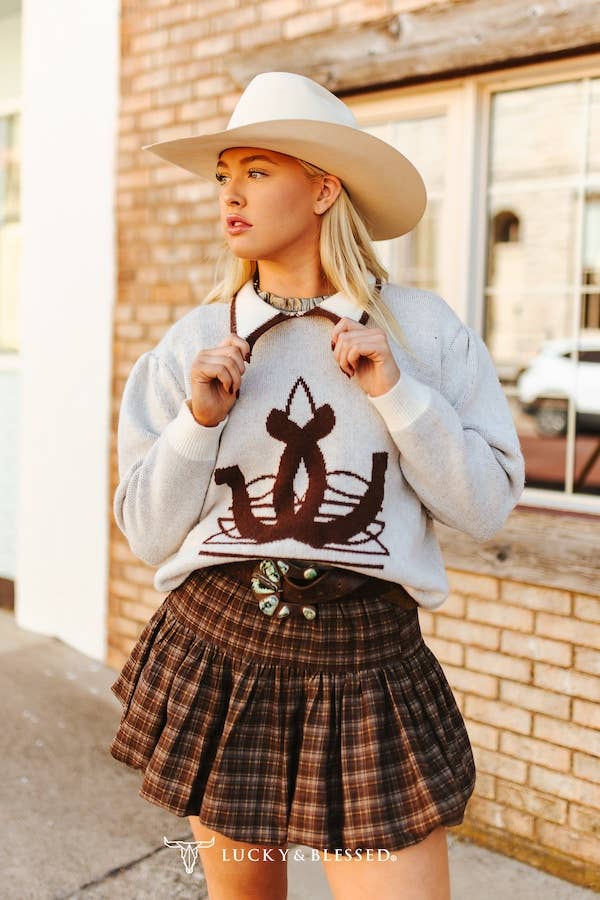 Tan Horseshoe Knit Puff Sleeve Collared Sweater