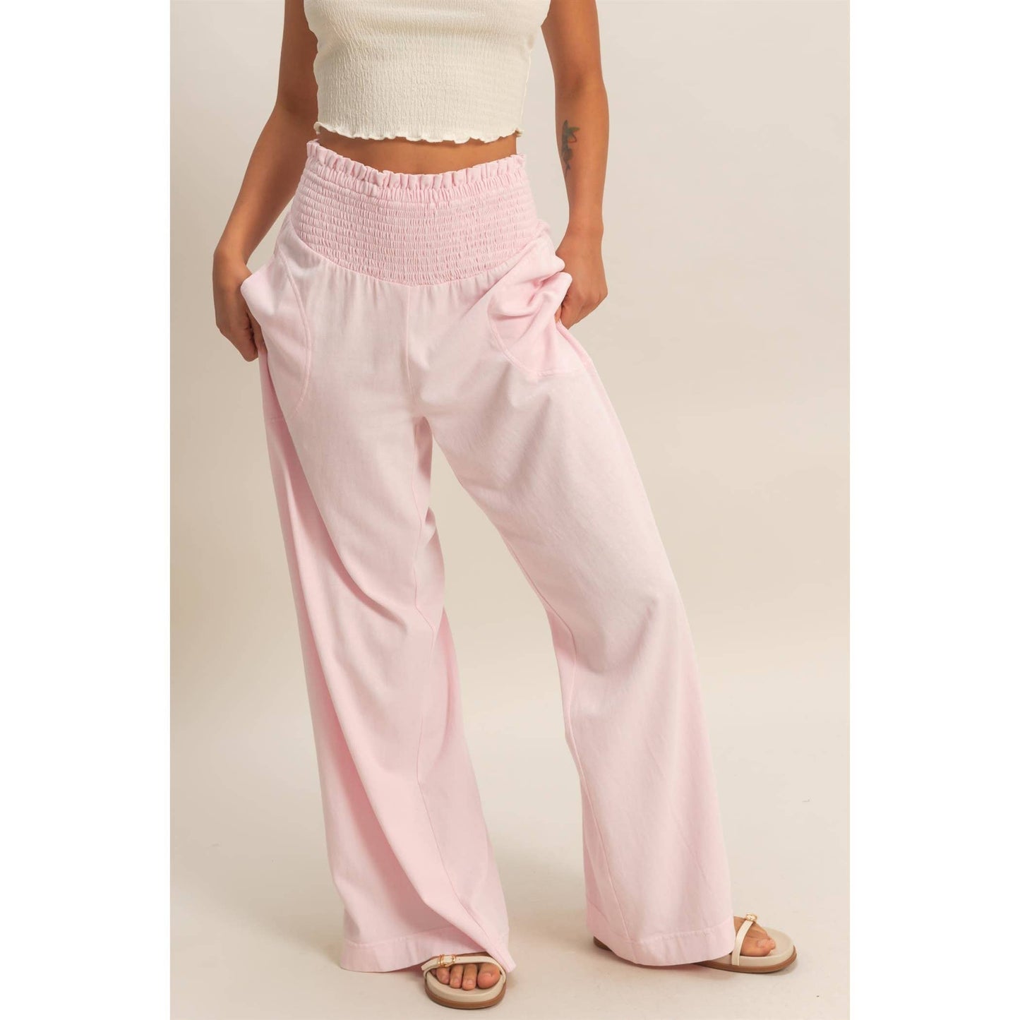 HYFVE - Mineral Washed Wide-Leg Smocked Waist Pants