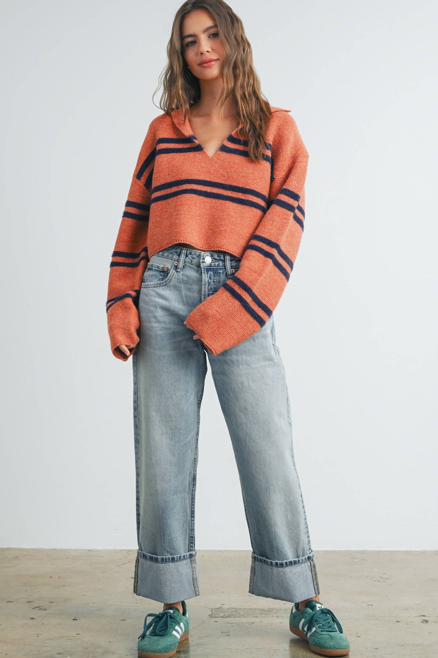BUTTERMELON - Stripe Crop Collar Sweater Top - BMW7393