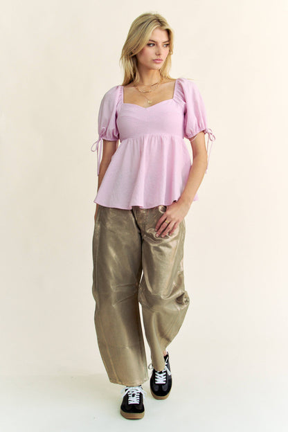 SOLID ELASTIC PEPLUM PUFFED SLEEVES BLOUSE TOP