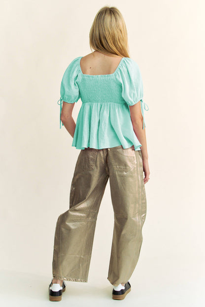 SOLID ELASTIC PEPLUM PUFFED SLEEVES BLOUSE TOP