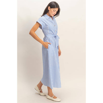 Striped Poplin Belted Shirt Dress With Pockets