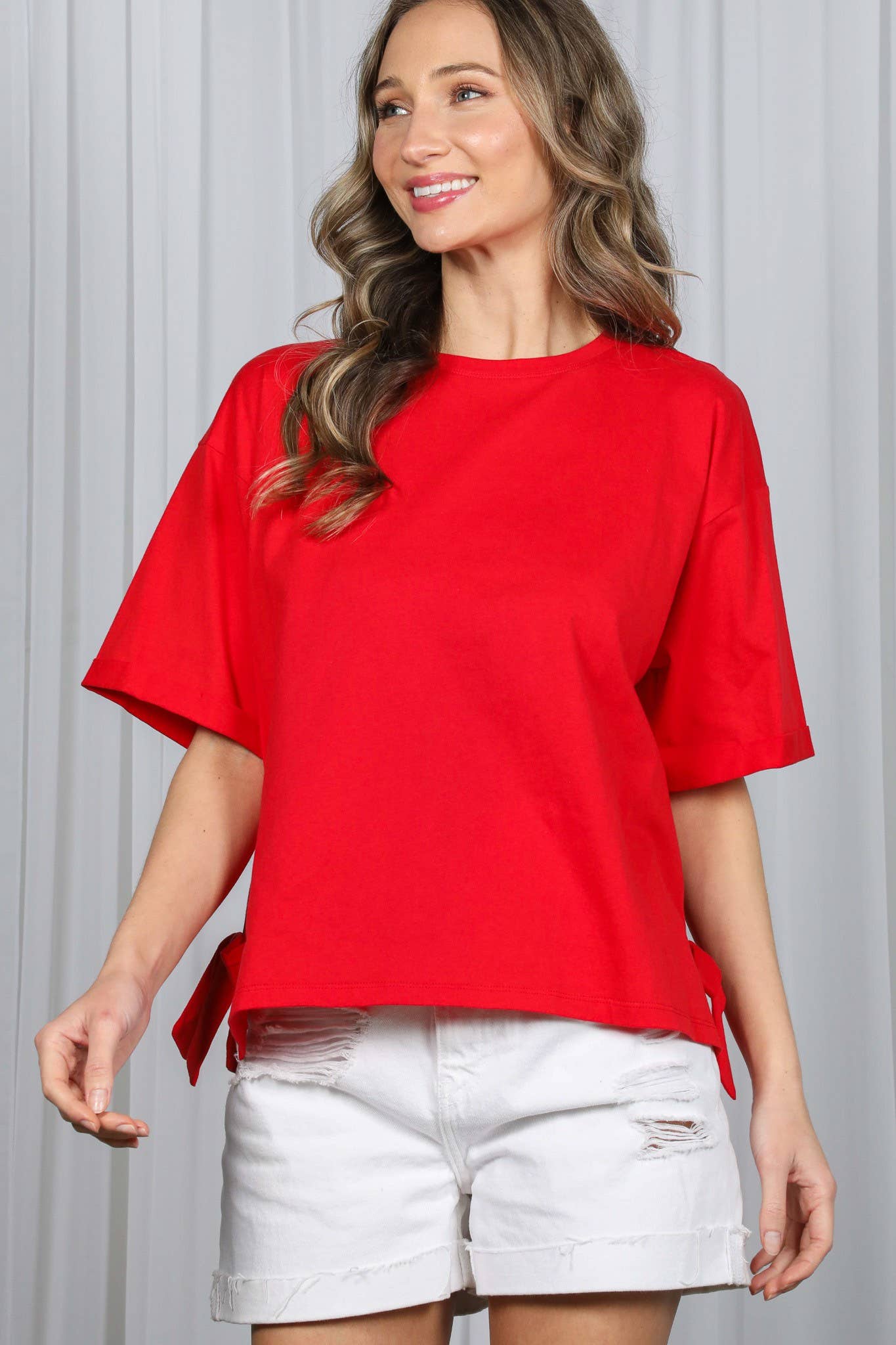 Vine & Love - Bow With Side Slit 100% Cotton Knit Top VT82807-