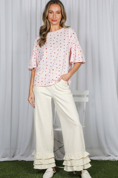 Vine & Love - Colorful Polka Dot Short Ruffle Sleeve Knit Top VT82765A