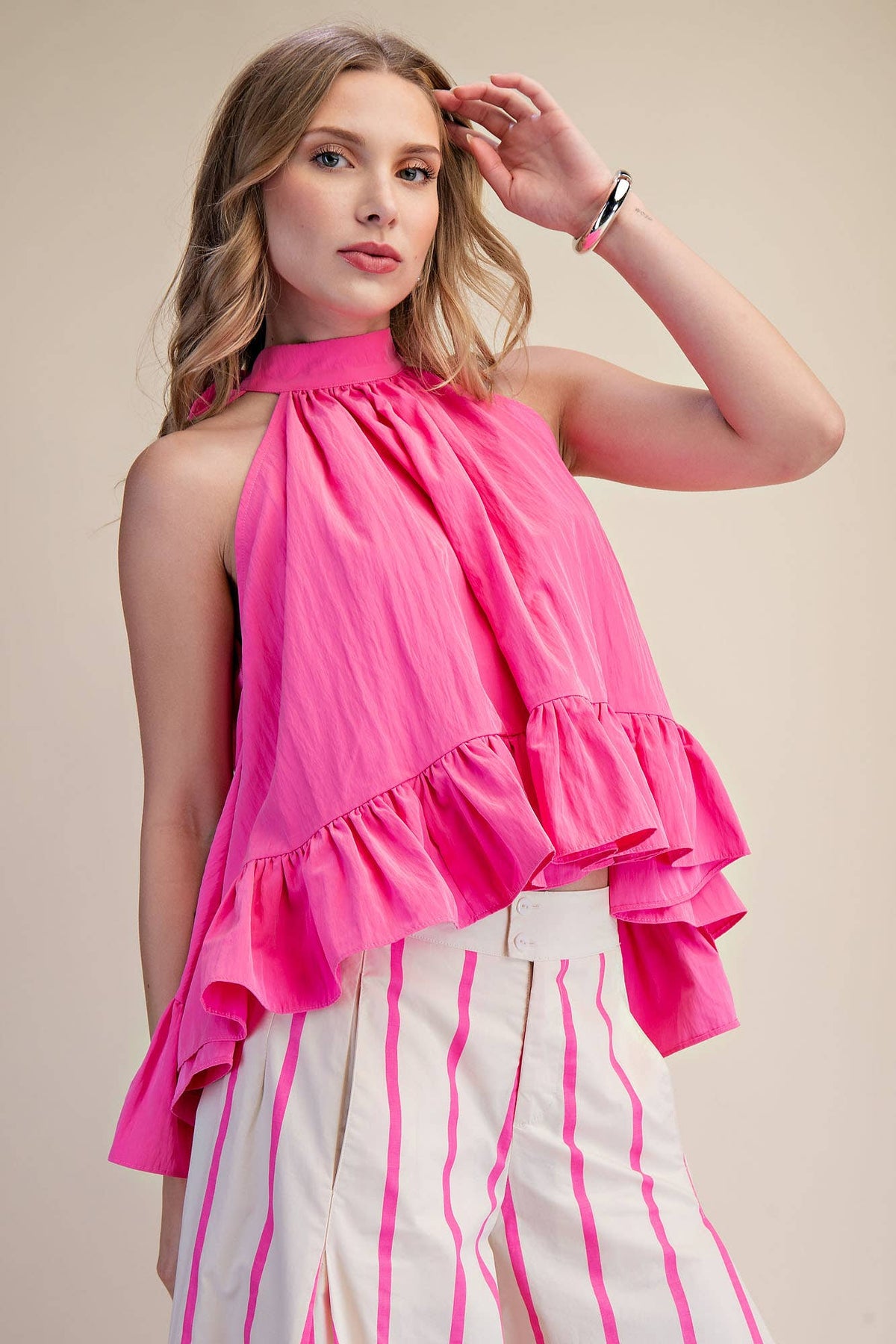 Glam - Halter Neck Sleeveless Back Neck Tie Ruffle Top