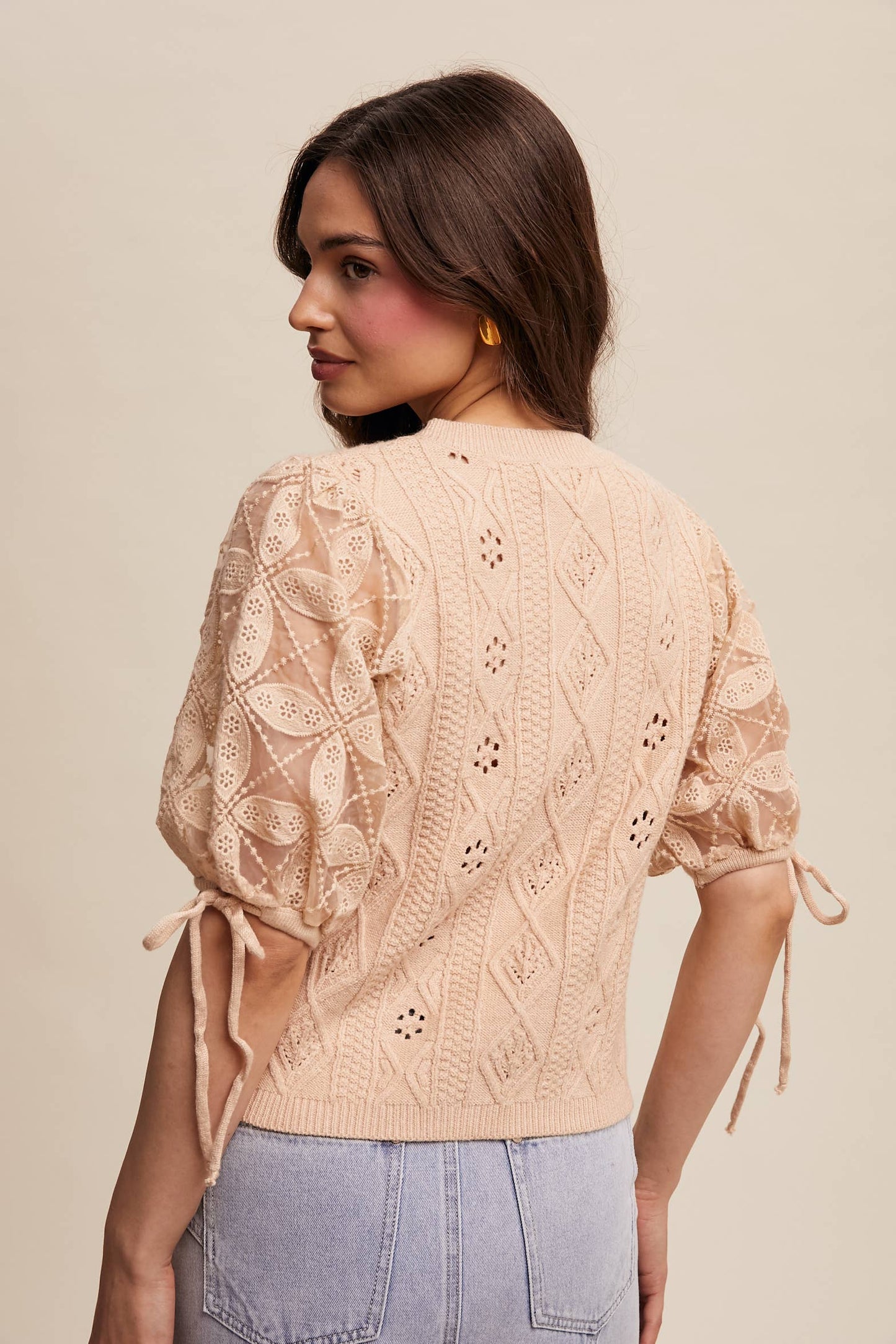 Listicle - Eyelet Puff Sleeve Knit Sweater Top