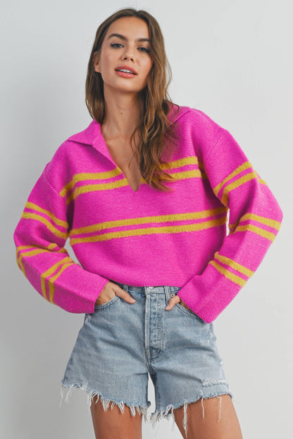 BUTTERMELON - Stripe Crop Collar Sweater Top - BMW7393