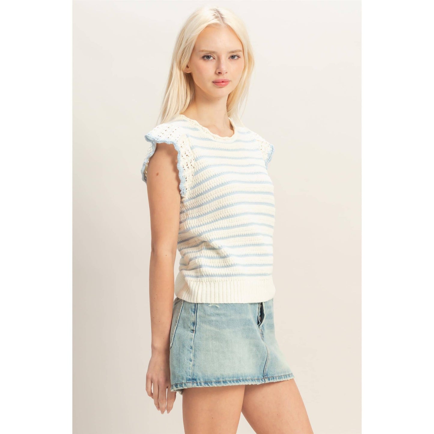 Scalloped Striped Ruffle Sleeve Top