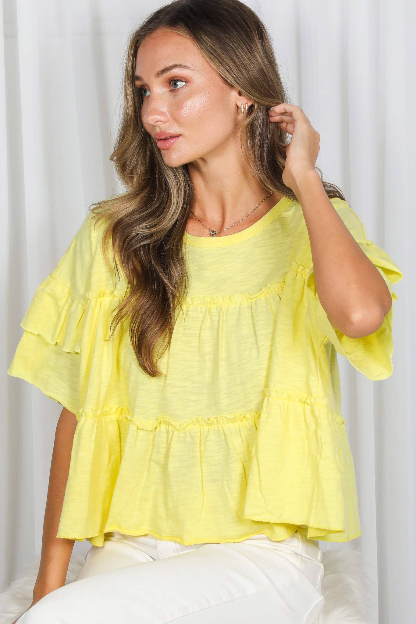 Vine & Love - Ruffle Tired Crew Neck 100%Cotton Top VT83163