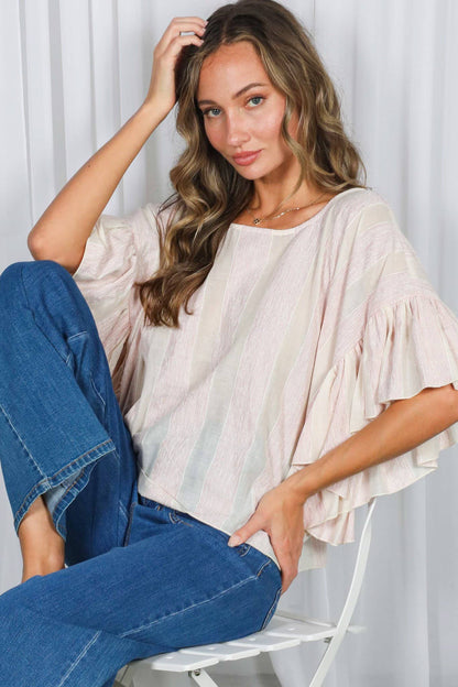 Wild Ruffle Embellished Sleeve Flowy Striped Top