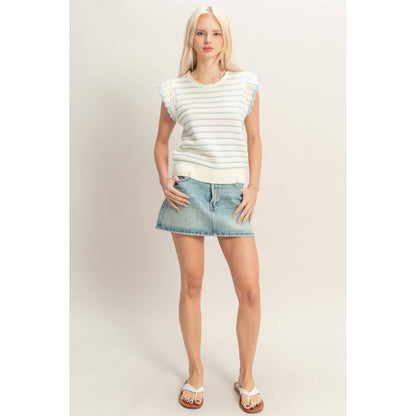 Scalloped Striped Ruffle Sleeve Top