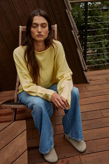 Banana Knit Sweater Rolled Round Neck Pullover Top