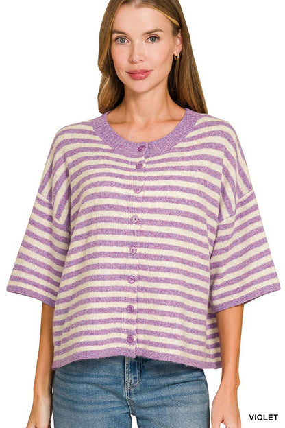 Striped Wool Blend Short Sleeve Cardigan Sweater